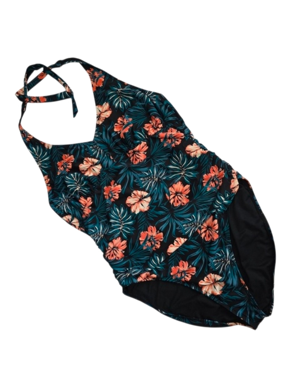 Lole Women's One Piece Swimsuit Halter Teal Black Tropical Floral Ruched 14